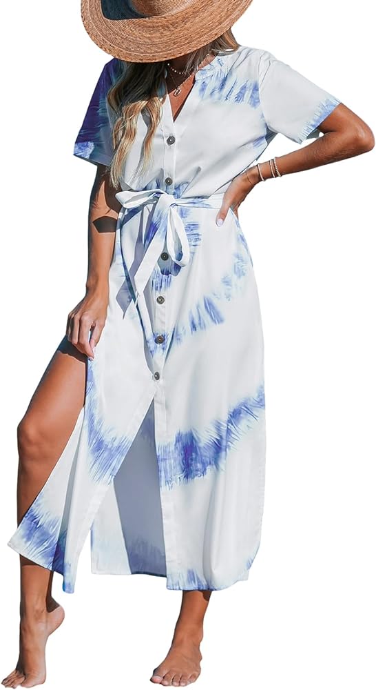 CUPSHE Women's Cover Ups Tie Dye Button Front Maxi Beach Dress Short Sleeve Split Long Beachwear