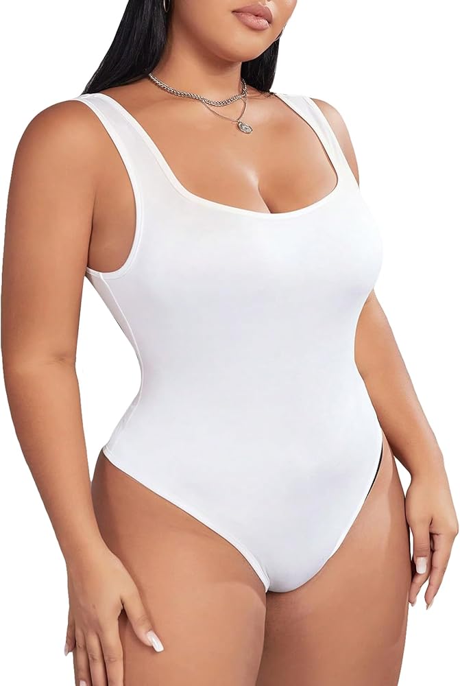 WDIRARA Women's Plus Size Square Neck Tank Bodysuit Top Sleeveless Bodycon Bodysuits