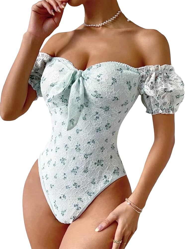 OYOANGLE Women's Floral Print Off Shoulder Short Puff Sleeve Tie Front Lace Bodysuit Top