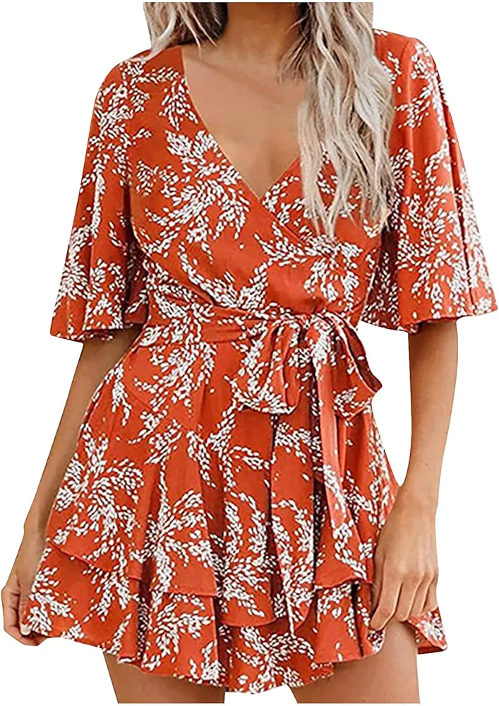 TANGNADE Recent Orders Women’s Summer Floral Print Shorts Jumpsuit Wrap V Neck Ruffle Sleeve Casual Loose Oversized Romper Rompers For Women Casual Dressy Orange M