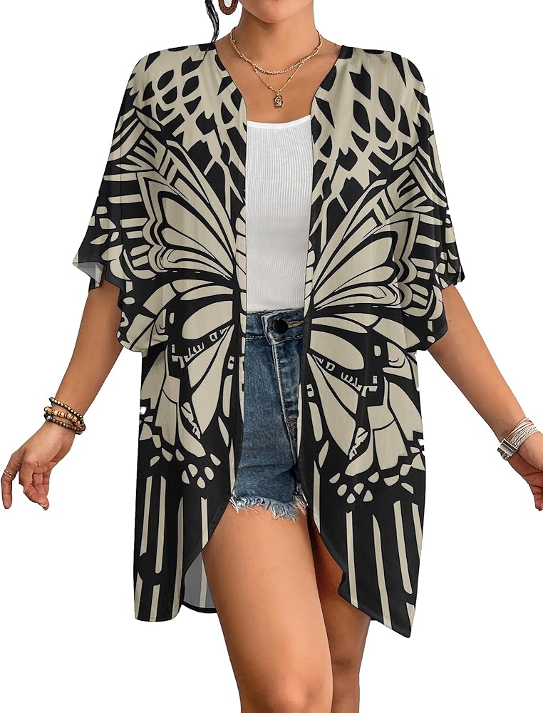 Bsubseach Women's Tops Loose Chiffon Kimono Open Front Casual Coverups Blouse Butterfly Cardigan Beach Swim Cover up