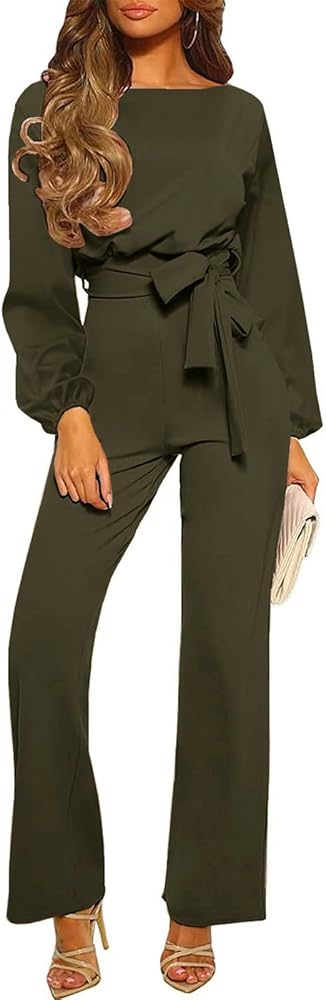 Formal Jumpsuits for Women,Dressy Wedding Romper Belted Long Sleeve Wide Leg Jumpsuit Business One Piece Outfits