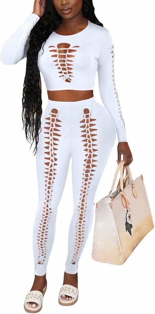 Women Sexy Ripped Tracksuits Long Sleeve Crop Top and Pants Set 2 Piece Bodycon Outfits