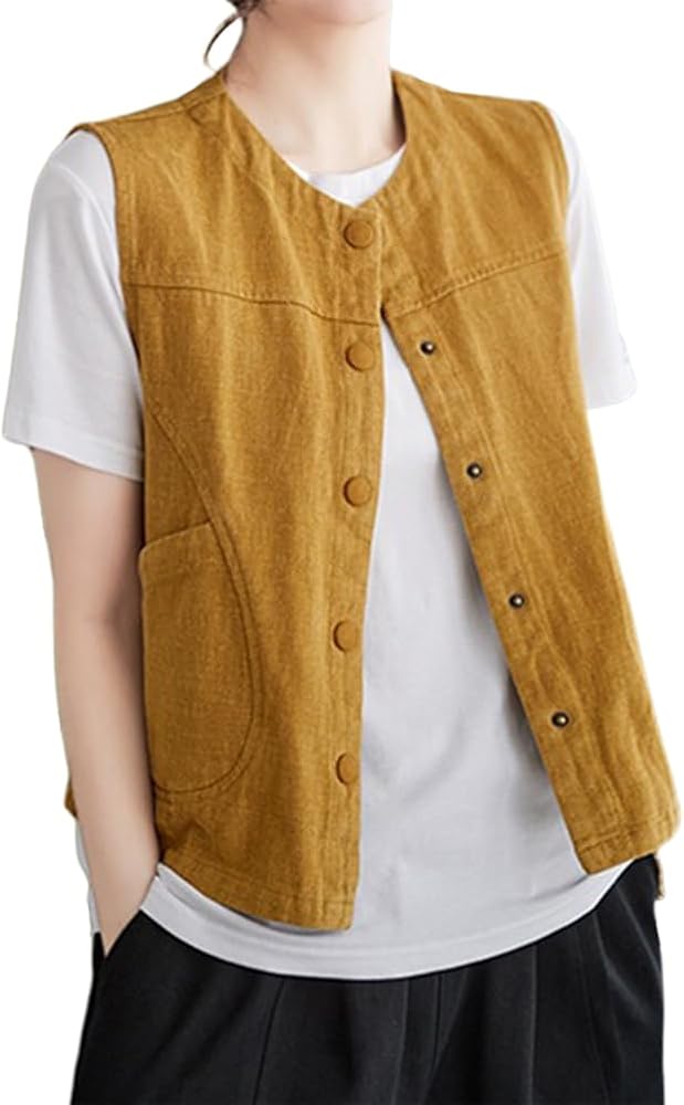 IDEALSANXUN Womens Cotton Linen Vest Casual Button Down Sleeveless Spring Jackets Outerwear