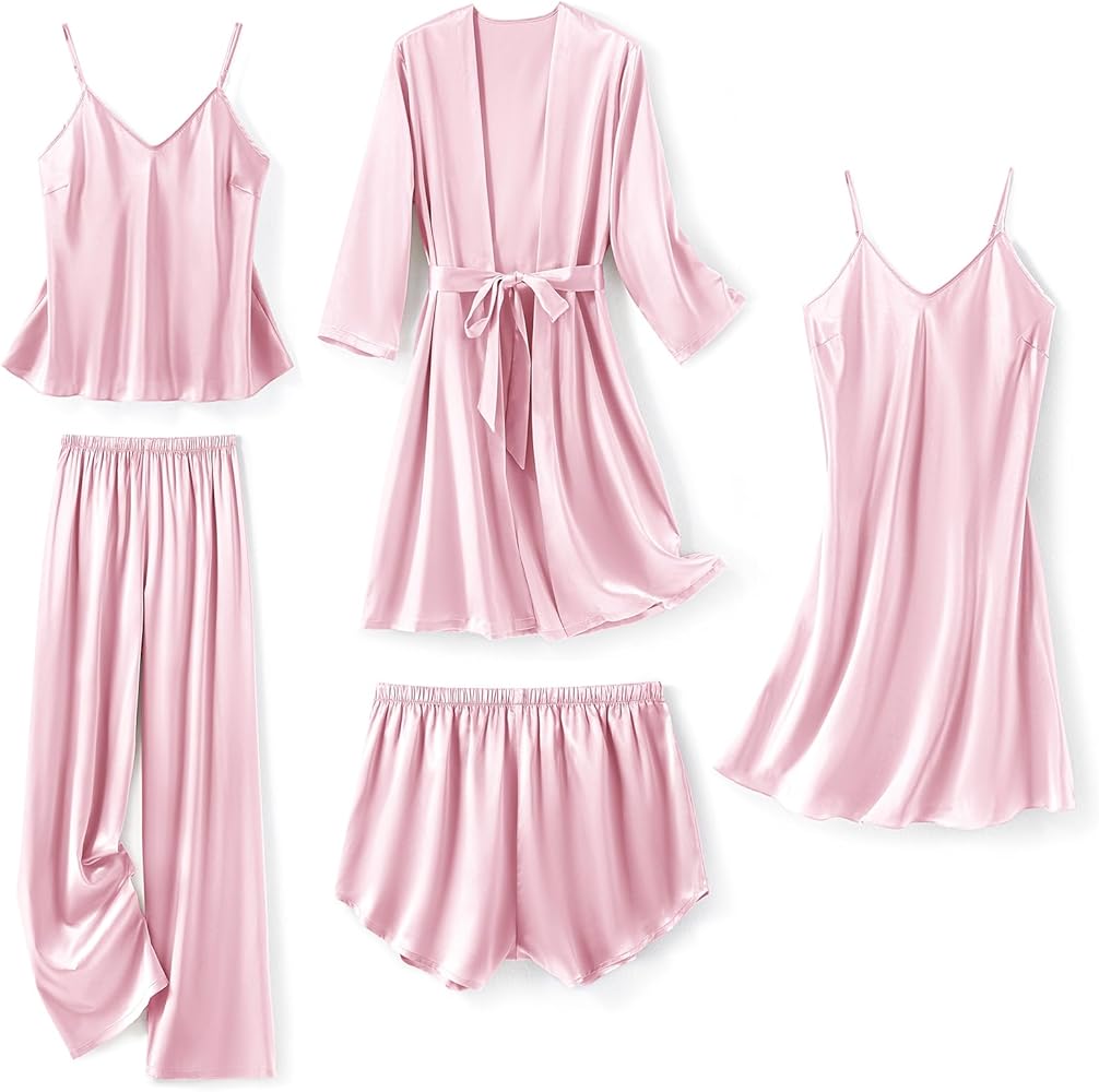 SAPJON Silk Pajamas for Women 5Pcs Sleepwear Loungewear Satin Robe Cami Shorts Pj Set