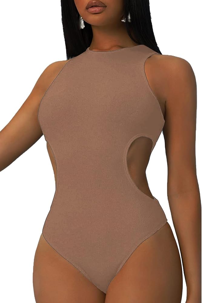 LovelyWholesale Women's Sexy Cut Out Bodysuit Crew Neck Ribbed Knit Leotard Tops Brown Medium