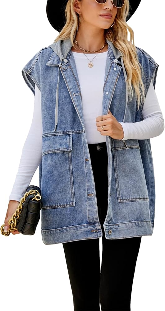 Womens Oversized Sleeveless Washed Denim Vest V Neck Button Down Jean Waistcoat Shacket Jacket for Women