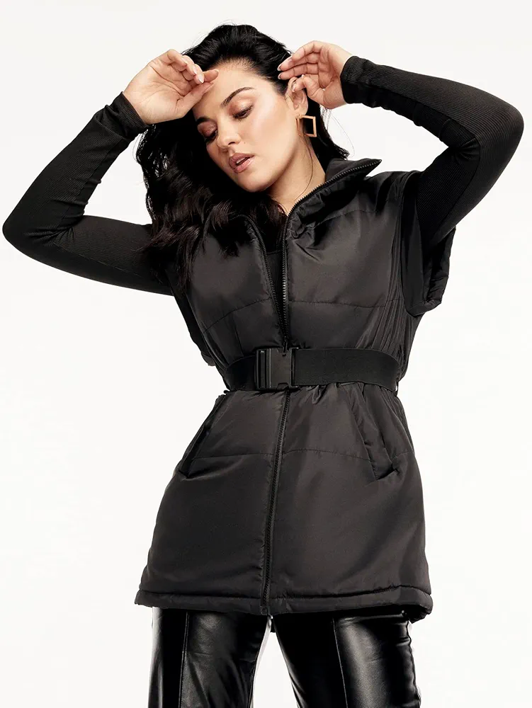 Jacket Women Zip Up Slant Pocket Belted Puffer Vest Coat Jacket Women (Color : Black, Size : Small)