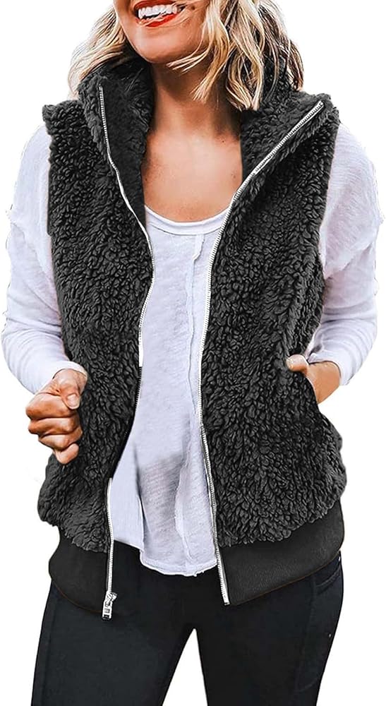 Women Fuzzy Sherpa Fleece Jacket 2023 Winter Casual Lightweight Vest Sleeveless Plus Size Waistcoat With Pockets