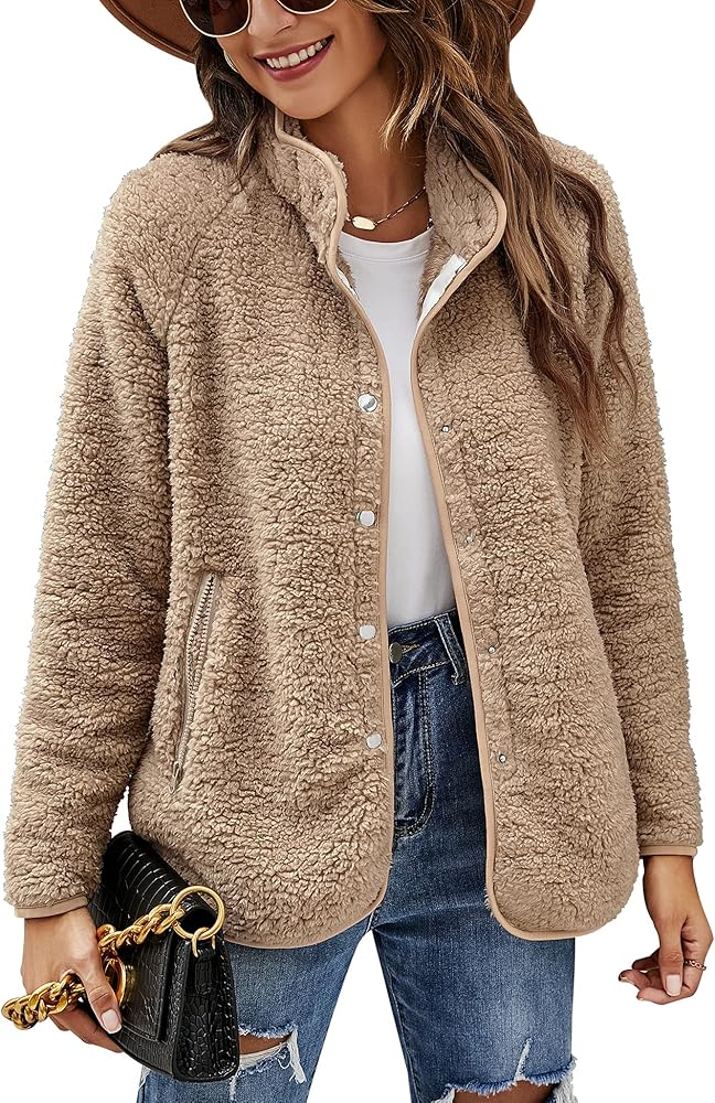 Micoson Women's Long Sleeve Cardigan Coat Lapel Button Down Warm Fuzzy Fleece Jacket Oversized Winter Outwear with Pockets