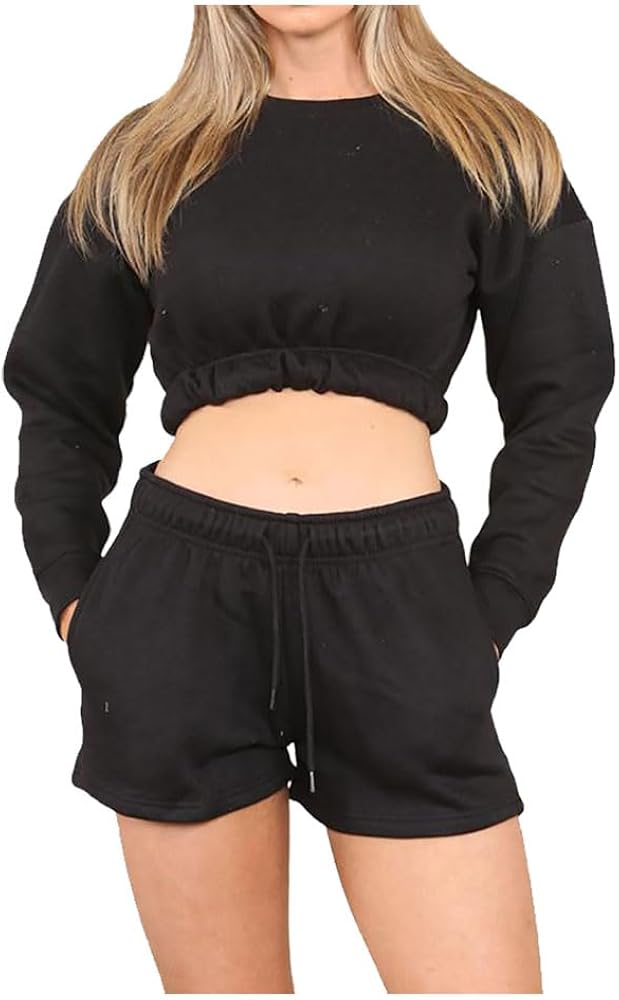 Womens Long Sleeve Crew Neck Jumper Set Ladies Co-Ord Side Pockets Drawstring Shorts Suit