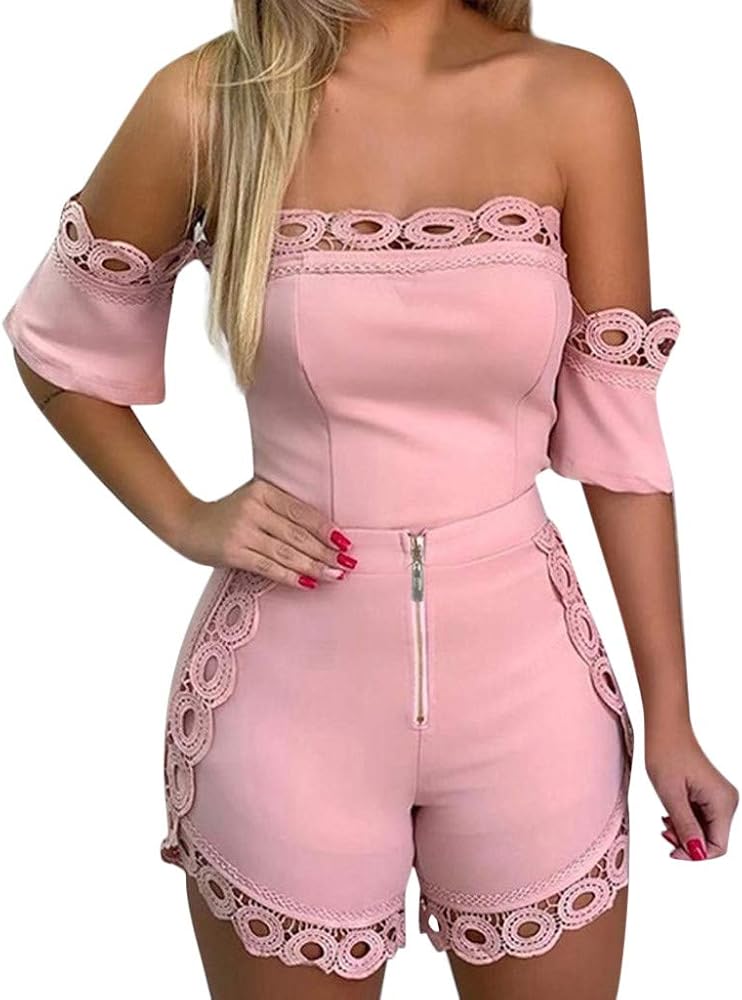 2024 Women's Plus Size Loung Sets Women Solid Off Shoulder Strapless Lace Patchwork Shorts Zipper Suits Set