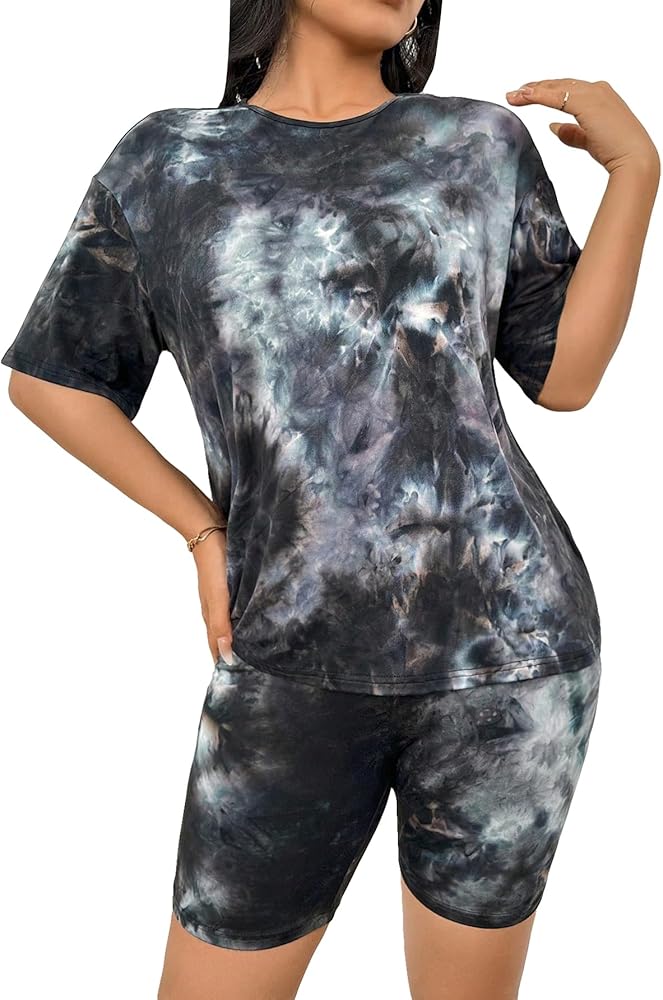 GORGLITTER Women's 2 Piece Tie Dye Tracksuit Short Sleeve Drop Shoulder Tee Top Biker Shorts Set