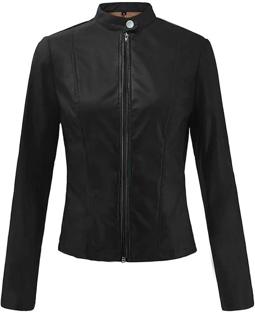 Leather Jacket Women Zip Snap Stand Collar Long Sleeve Outwear Cool Slim Jacket Coat for Vacation Quilted Moto Fall