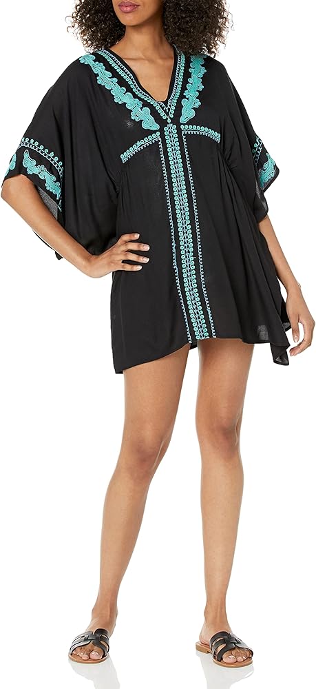 Sunshine 79 Women's Short Sleeve Tunic Cover Up Dress, Black//Hippie Trail, M