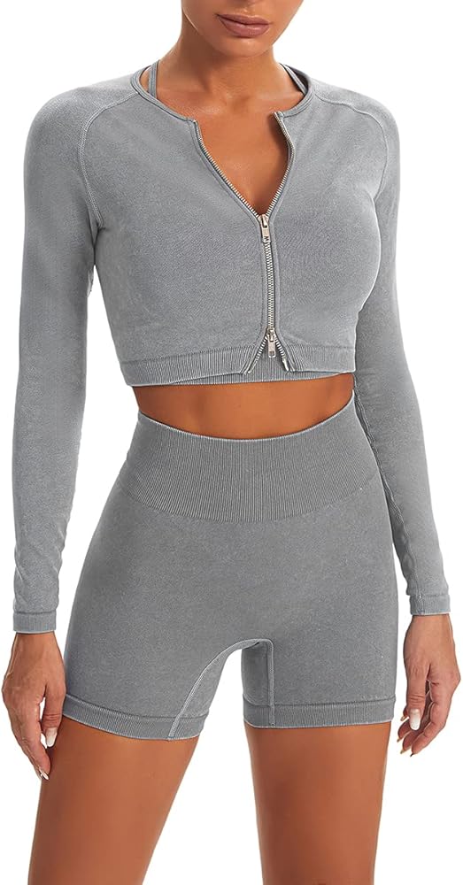 Workout Sets for Women 2 Piece Matching Tracksuits Two Way Zipper Long Sleeve Crop Top High Waist Biker Shorts Seamless Yoga Outfit Leggings Athletic Gym Clothes Running Sweat Set R - Grey Large