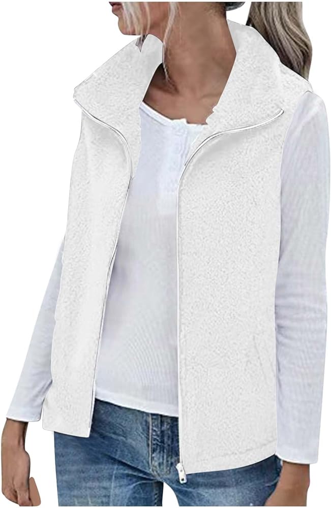 Sherpa Fleece Jacket for Women Lightweight Cozy Fuzzy Vest Trendy Color Block Zip Up Waistcoat Furry Open Front Cardigan