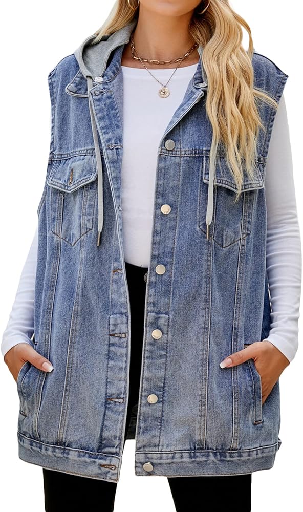 Women's Y2K Vintage Buttoned Washed Denim Vest Casual Classic Jean Jackets W Chest Flap Pockets