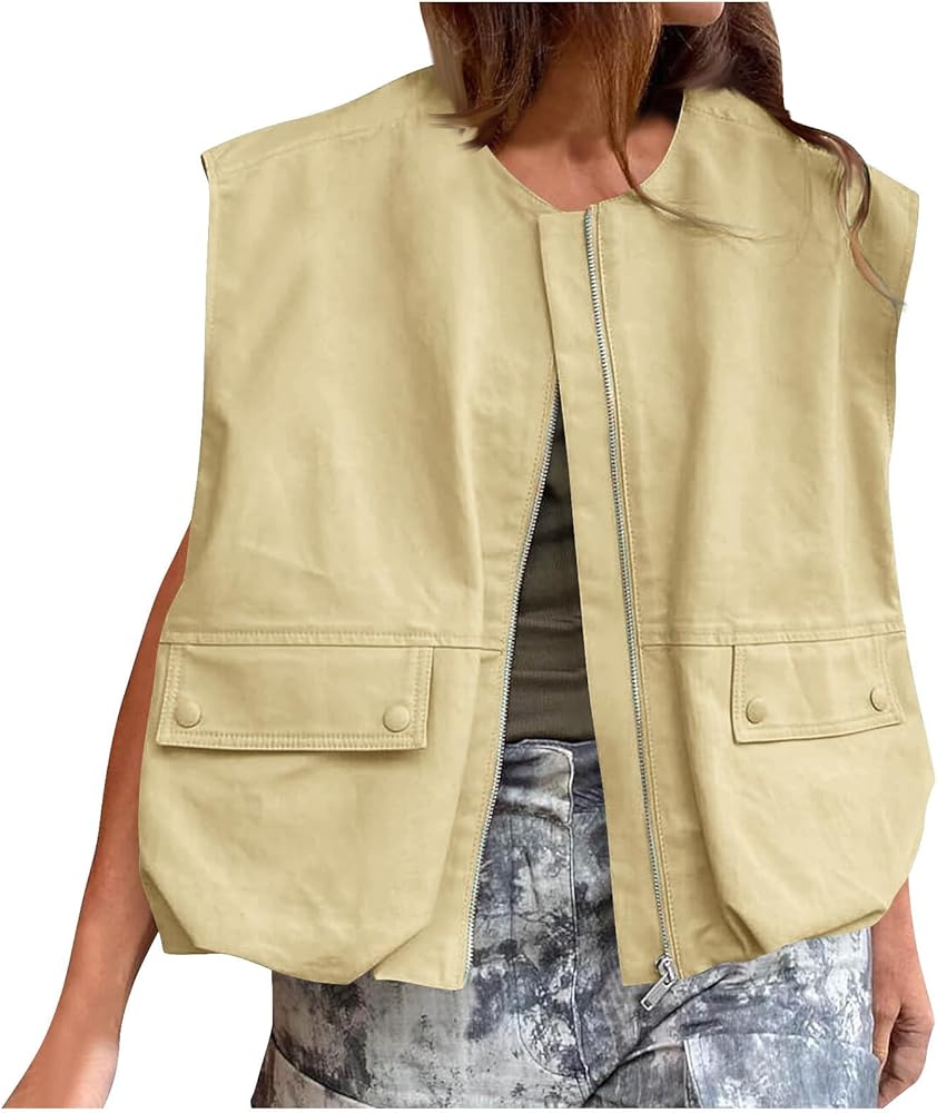 Womens Cargo Jackets Sleeveless Hem Ruched Coat Zip Up Outfits Thin Vest Cardigan Plain With Pockets Casual Blazer