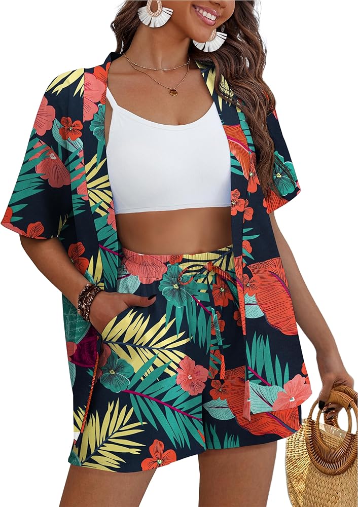 REDHOTYPE Women's 2 Piece Outfits Kimono Style Tropical Print Cover Ups Half Sleeve Blouse Shorts Set Summer Beachwear （S-XL）