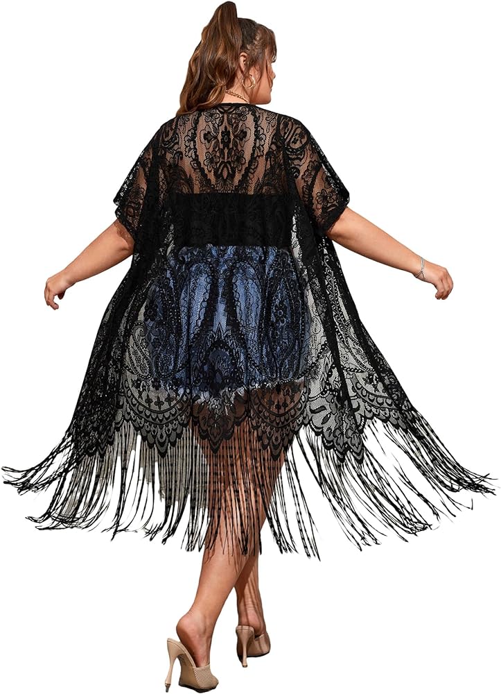 Women's Plus Size Lace Fringe Trim Swimsuit Cover Up Short Sleeve Open Front Kimono Beach Cardigan Swimwear