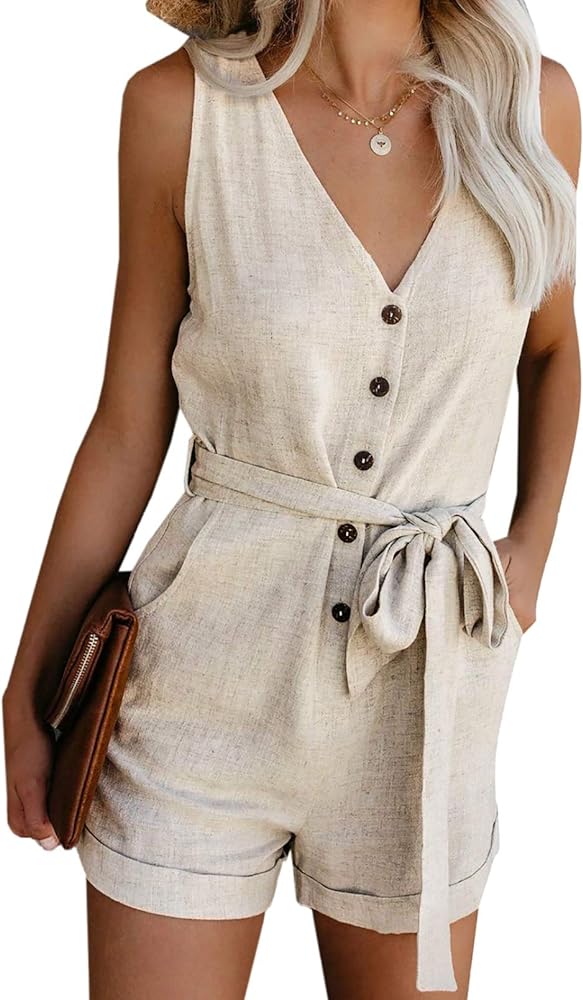 Acelitt Womens Casual Summer Crewneck Ruffle Sleeveless Rompers, XS-XXL