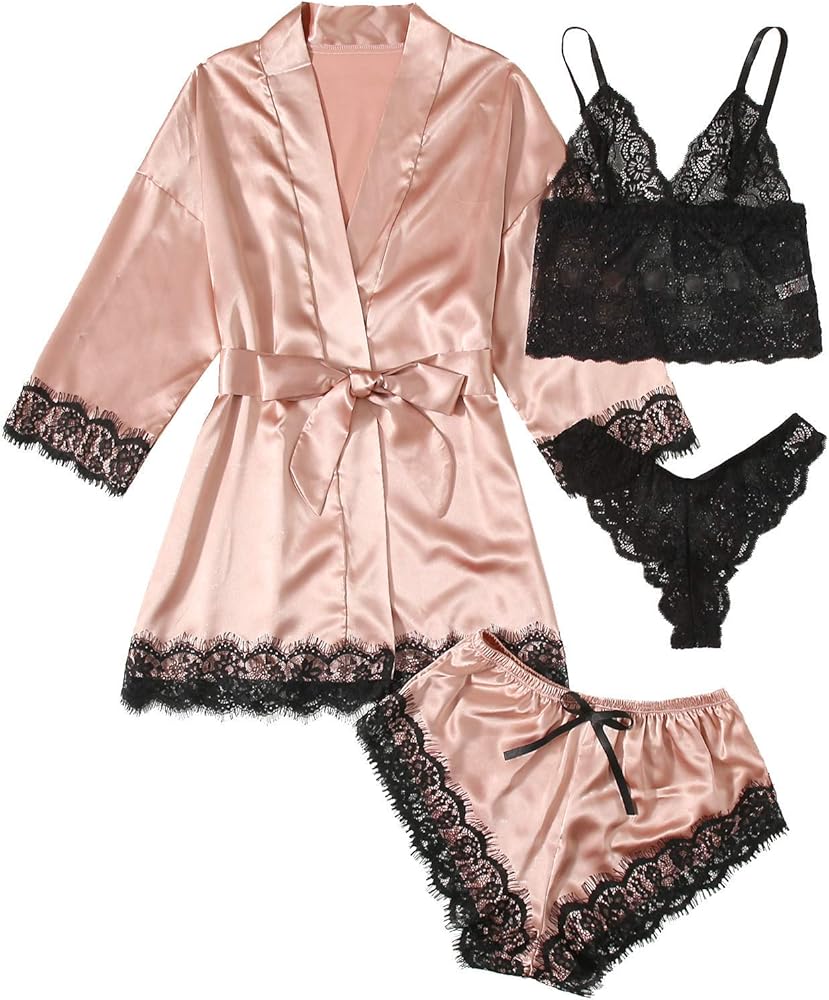 Women's 4pcs Sexy Sleepwear Silk Satin Pajamas Set Floral Lace Trim Cami Lingerie with Robe