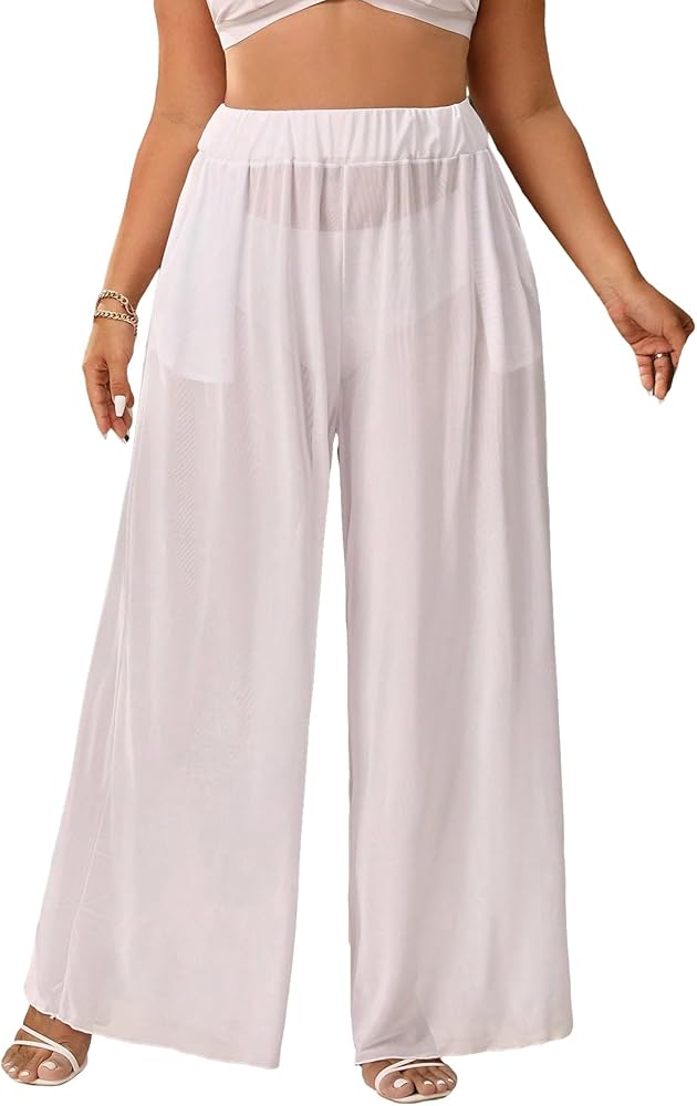 Floerns Women's Plus Size Sheer Mesh Elastic Waist Wide Leg Beach Cover Up Pants