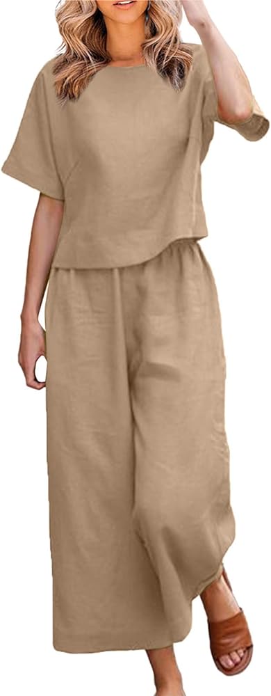 Womens Two Piece Linen Summer Sets Casual Loose Half Sleeve Top And Crop Capri Pant Comfy Baggy Wide Leg Pant Set