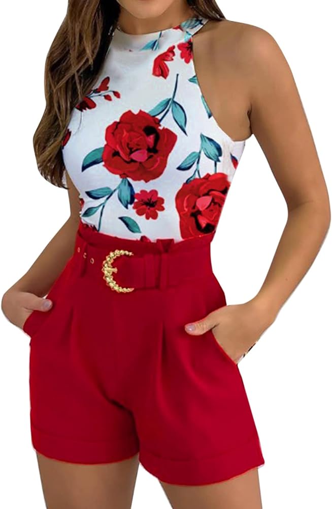 Rvidbe Womens Summer Outfits for Work, Spring Outfits for Women 2023 Plus Size, Short Sets for Women Dressy Women's 2023 Summer Fashion Outfits 2 Piece Sleeveless Shirt and Shorts Pants