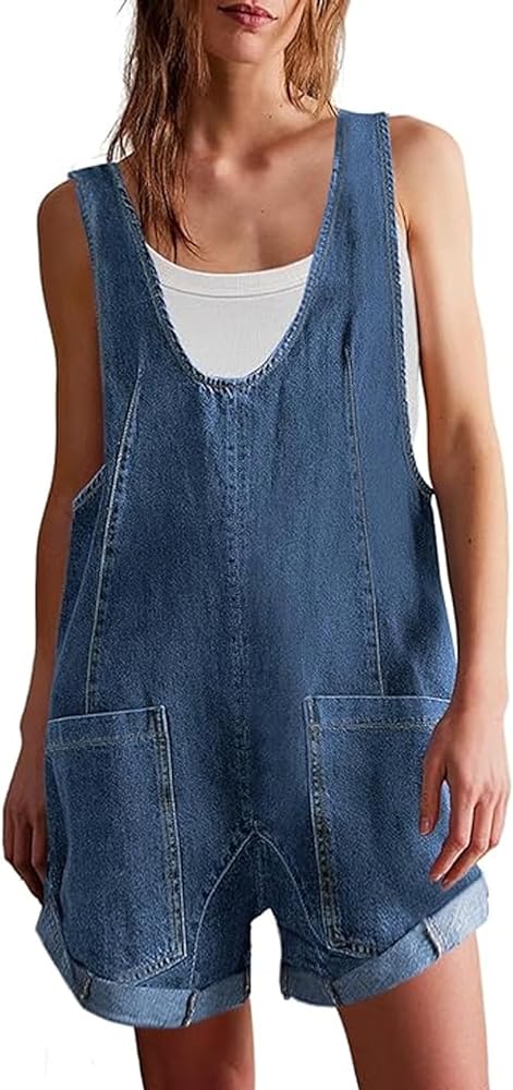 Women’s Summer Denim Rompers Adjustable Strap Jean Shortalls Short Overalls Jumpsuits with Pockets