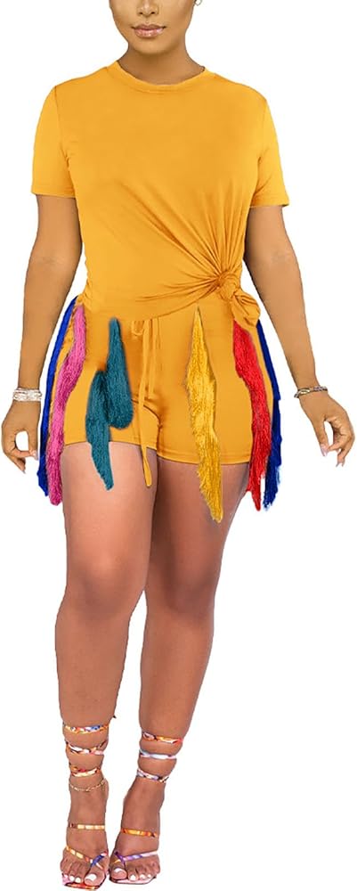 WOKANSE Short Sets for Women Summer 2 Piece Outfits Short Sleeves Tops and Colorful Fringe Drawstring Shorts Sets