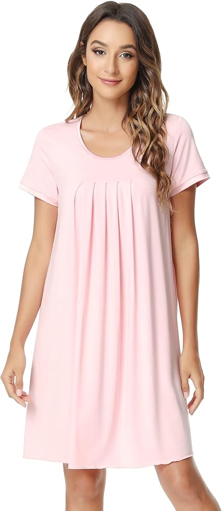 NACHILA Nightgowns for Women-Viscose Made from Bamboo, Short Sleeve Nightshirt Pleated Sleepshirts Soft Sleepwear