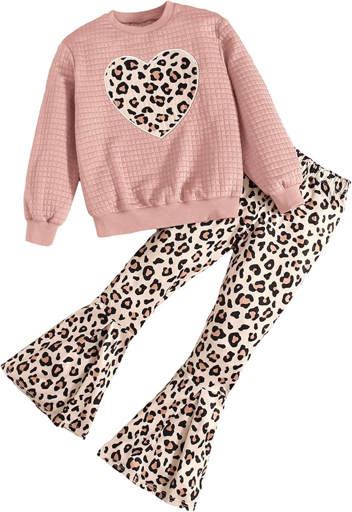 SweatyRocks Girl's 2 Piece Outfit Leopard Print Long Sleeve Sweatshirt and Flare Leg Pants Clothing Sets