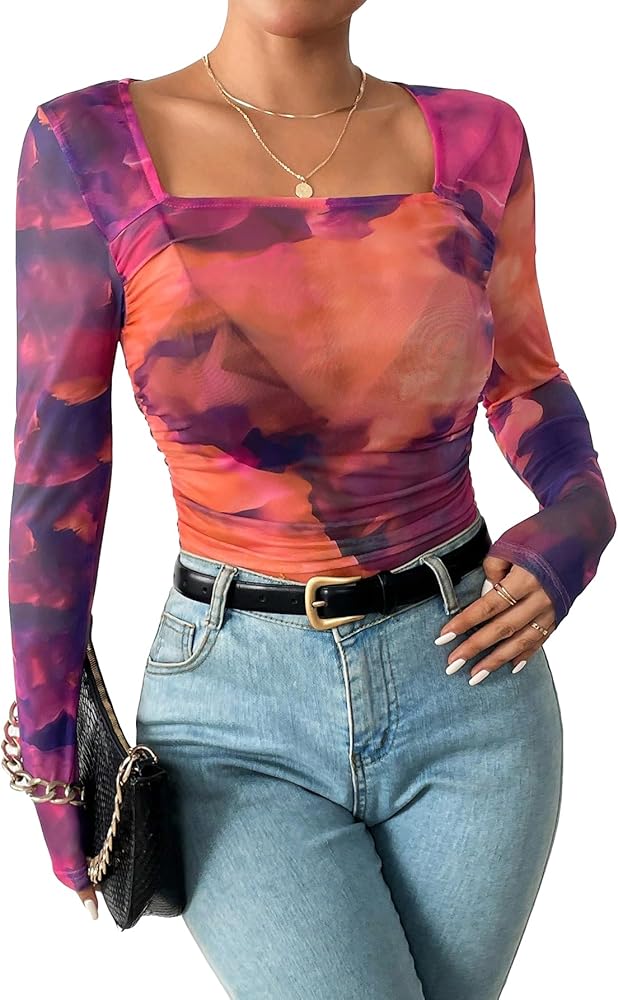 SweatyRocks Women's Tie Dye Long Sleeve Sheer Ruched Square Neck Slim Bodysuit Top