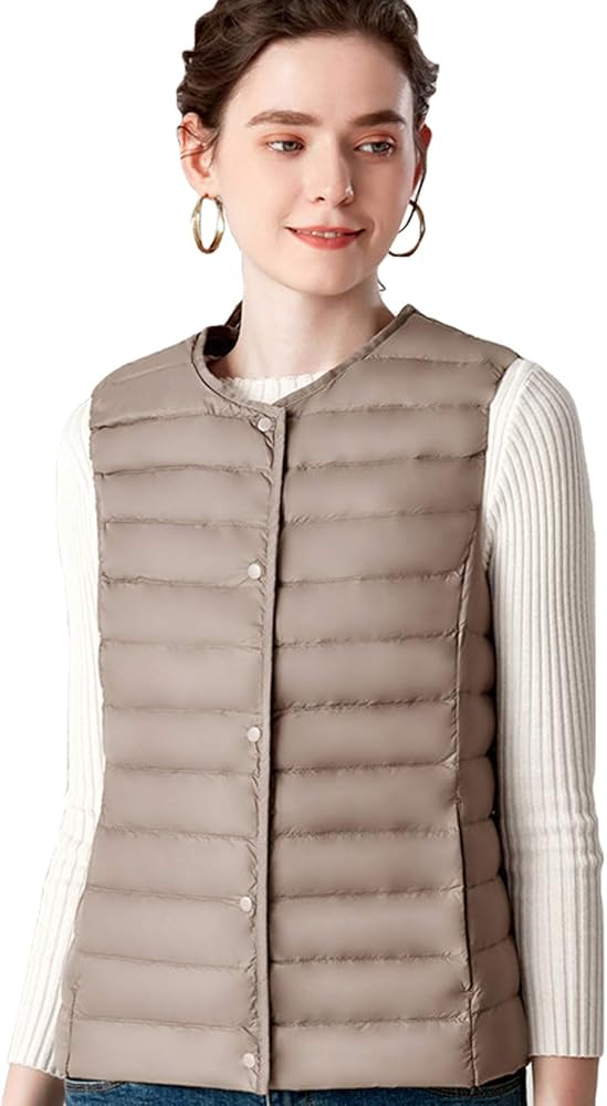 Woman Cute Crew Neck Snap Button Ultra Lightweight Puffer Down Waistcoat Vest Jacket