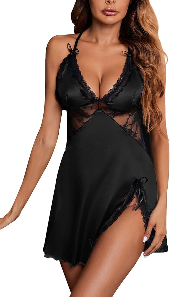 LYANER Women's Satin Lace V Neck Chemise Lingerie Split Slit Babydoll Nightgown Nightdress Sleepwear #Black X-Small