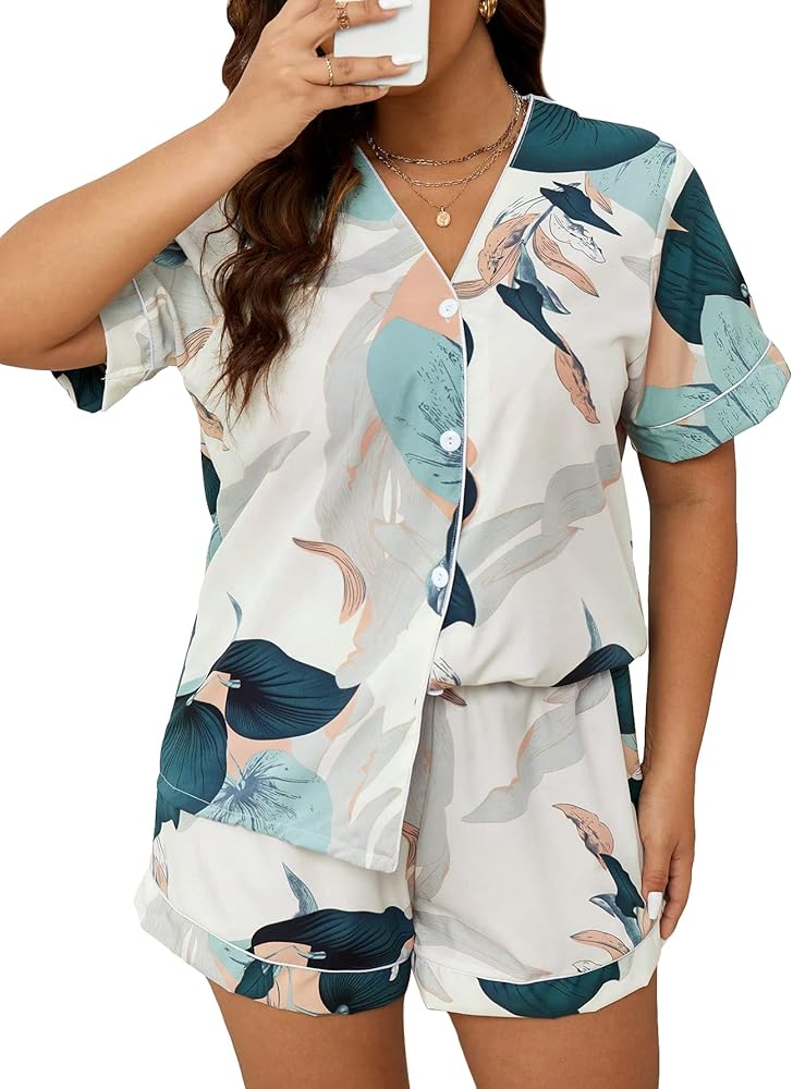 Verdusa Women's 2 Pieces Pj Plus Tropical Print V Neck Button Front Short Sleeve Sleepwear