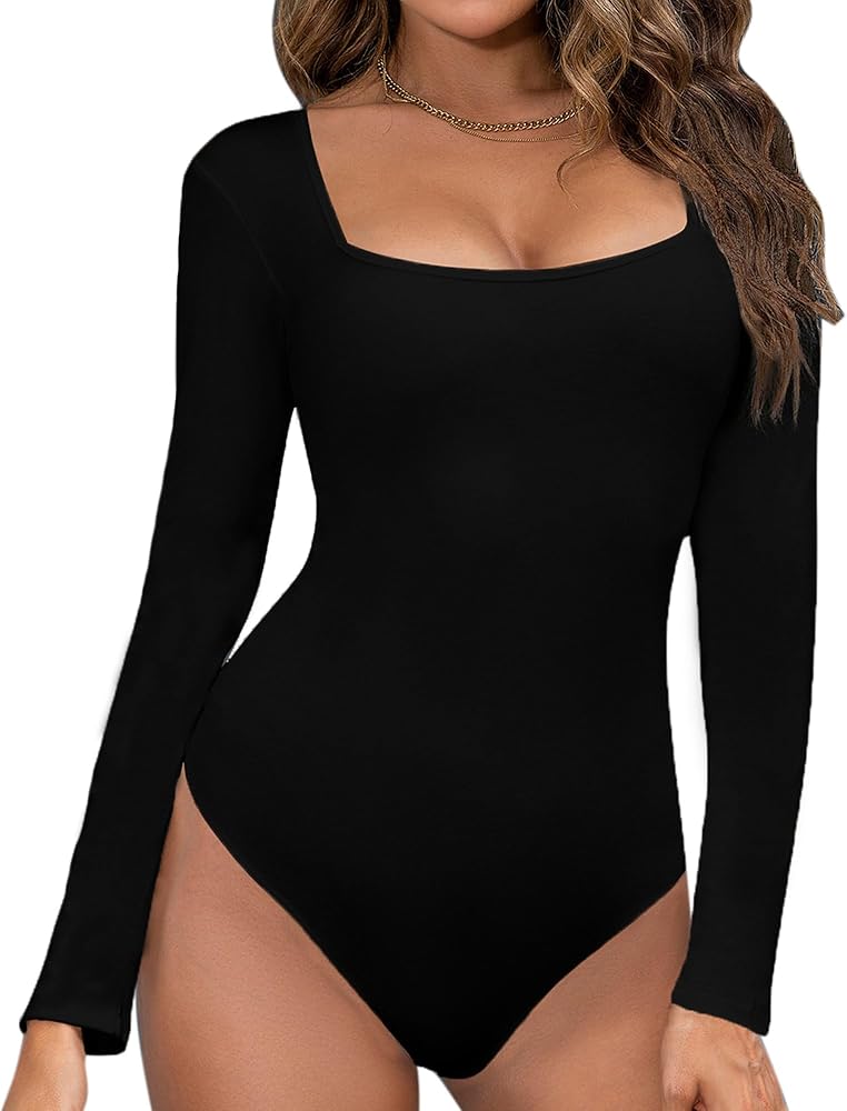 Bodysuit for Women Square Neck Long Sleeve Slim Fit Stretchy Top Jumpsuit.