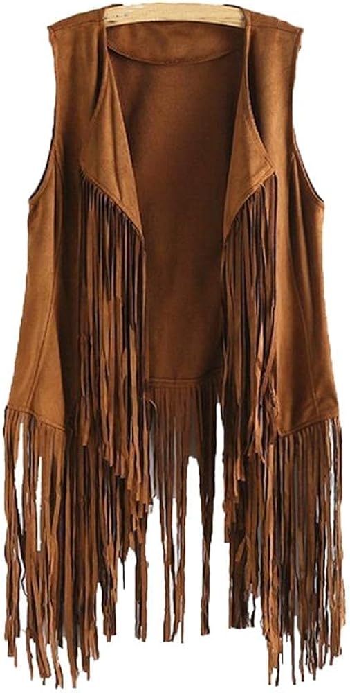 Women Faux Suede Fringe Vest 70s Hippie Clothes Open-Front Sleeveless Tassel Cardigan Waistcoat Jacket Outwear Tops