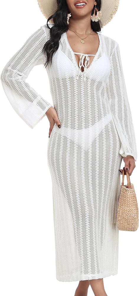 T1FE 1SFE Womens Swimuits Cover Up Crochet Long Sleeve Summer Bathing Suit Mesh Knit CoverUps for Women Beach Vocation