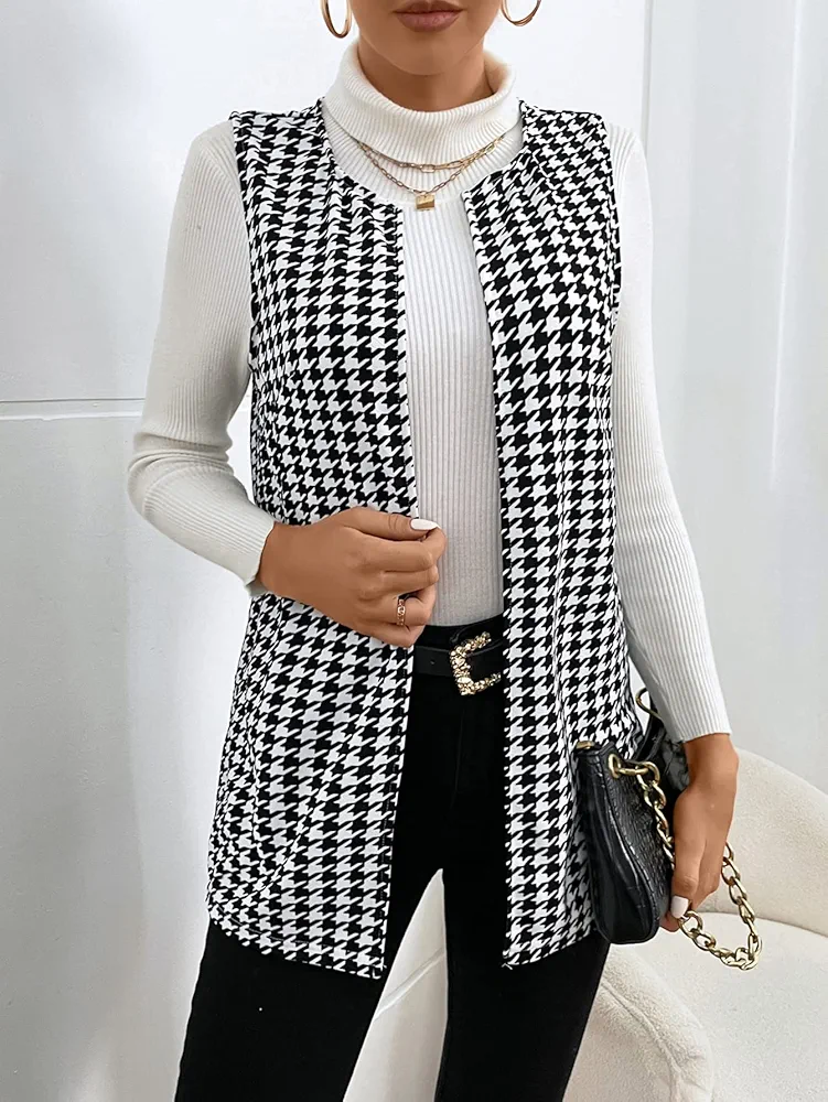 Jackets for Women - Houndstooth Print Open Front Vest Coat (Color : Black and White, Size : Small)