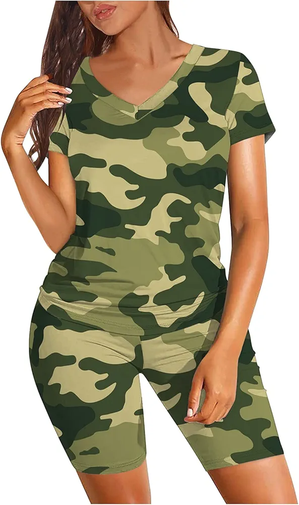 2 Piece Workout Sets for Women Camouflage Print Tops and Shorts Set Camo Matching Sets Soft Plus Size (Green, XL)