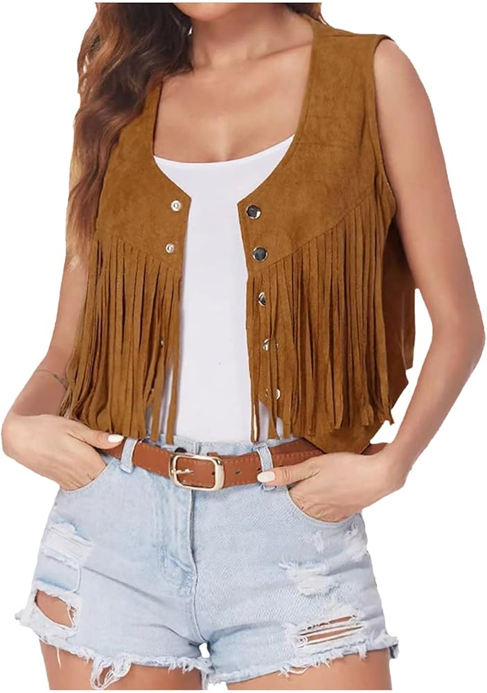 Women's Western Fringe Vest Tops Tassel Rodeo Jacket Hippie Suede 70s Cowboy Shirt Sleeveless Tassel Cardigan Blazer