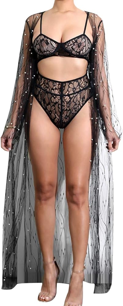 xxxiticat Women's See Through Mesh Long Kimono Cardigans Maxi Robes Beachwear Beaded Beach Cover Ups With Pearls