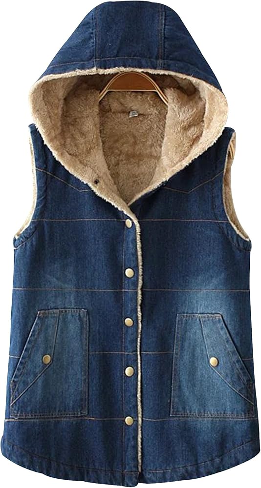 Trendy XU Mid Long Blue Denim Vest Faux Fur Hooded Warm Sleeveless Jean Jacket For Women