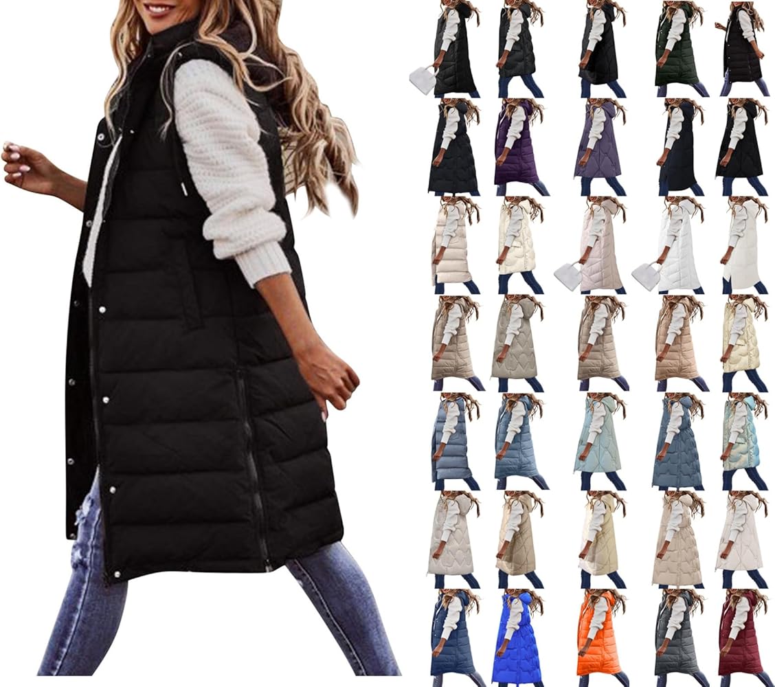 Women's Long Puffer Vest Jacket Sleveless Hoodies Full Zipper Sleeveless Down Coats Thickened Warm Windbreakers