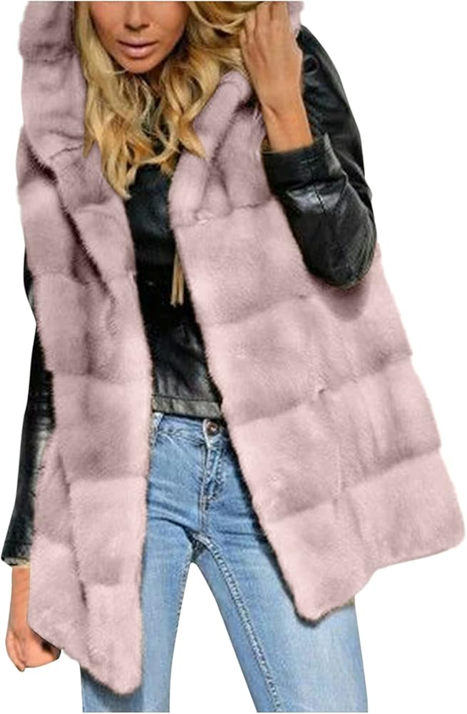 Women's Faux Fur Gilet Vests Thick Fleece Jacket Coat Fuzzy Fleece Sleeveless Hoodie Waistcoat Body Fall/Winter Warmer Solid Vest Hooded Sweater Outwear Tops with Pocket(Pink XXL)