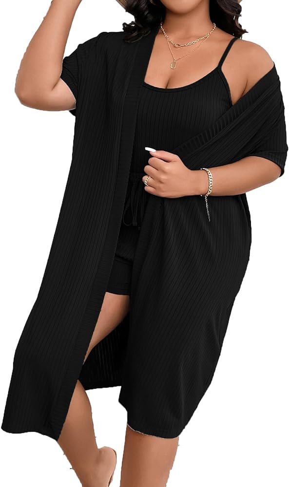 Verdusa Women's Plus Size 3 Piece Lounge Sets Ribbed Cami Top and Shorts with Cardigan