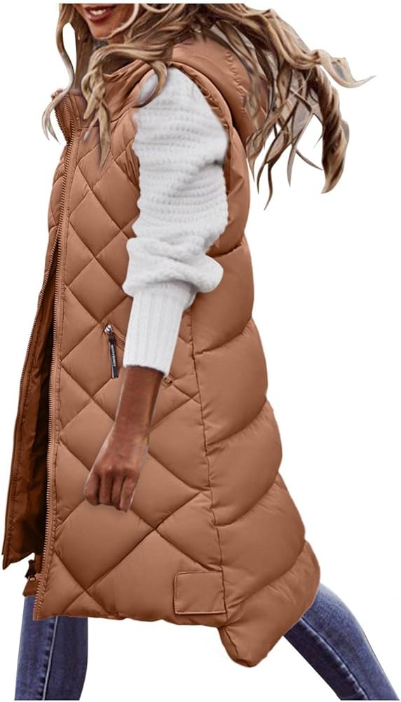 Women's Lightweight Puffer Vest Winter Zip Up Long Hooded Vest Sleeveless Jackets Outdoor Padded Gilet Coat Plus Size